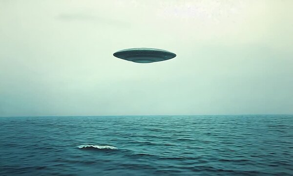 UFO Hovering Over Calm Ocean on Overcast Day, Wide Shot