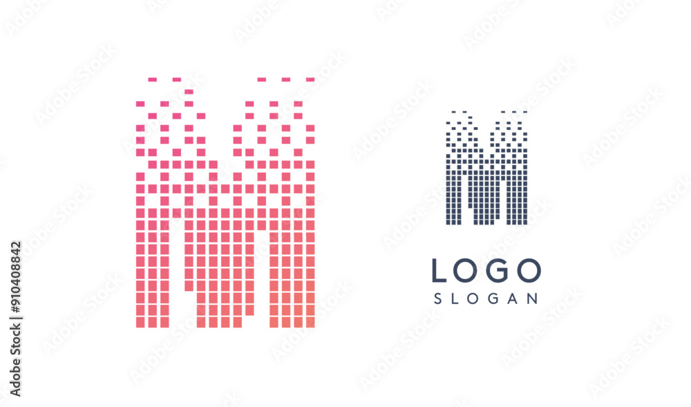 Aufkleber Pixelated Letter M transitioning into scattered pixels with gradient colors creating modern, digital effect like equalizer. Abstract logo for tech software and digital media. Vector illustration.