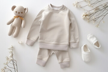 Kids sweatshirt, pants, shoes and teddy bear laying on white background. Kids wear mockup, flat lay