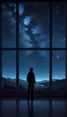 Fototapeta premium A silhouetted person standing in front of a window looking out at a starry night sky with mountains in the background