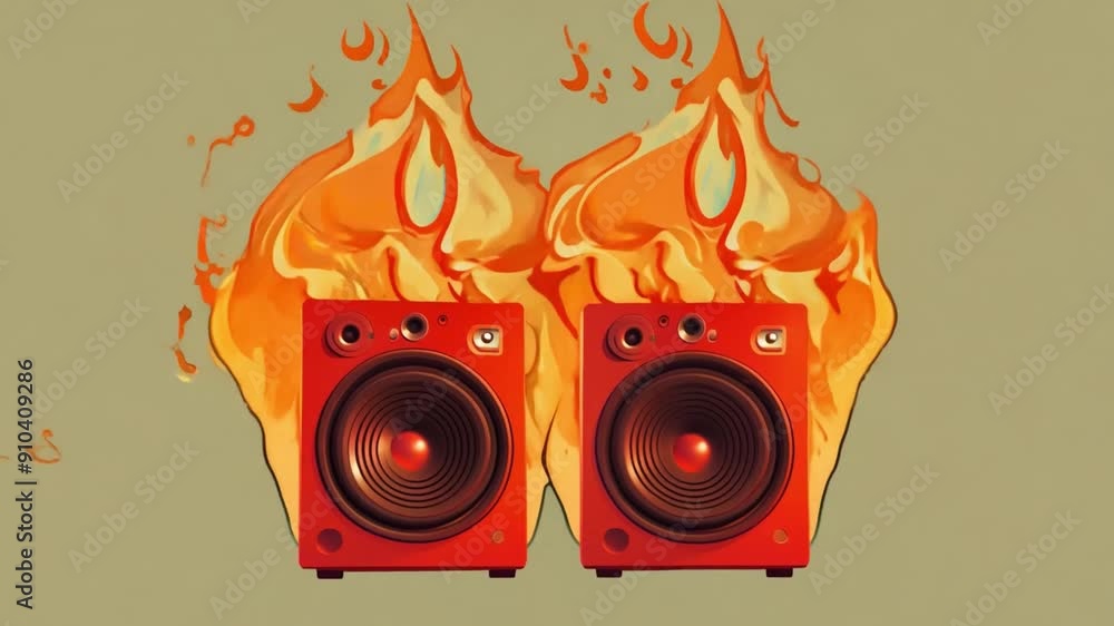 Poster Two red speakers emit flames, creating a dynamic and energetic visual effect against a soft light background.