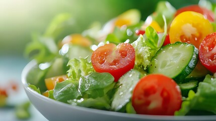 Close-up of a fresh vegetable salad featuring cherry tomatoes, lettuce, and cucumber, illuminated by natural sunlight.