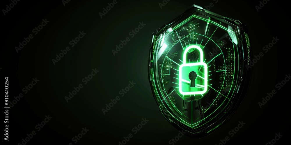 Poster a digital shield with a lock icon glowing in green on a black background, symbolizing security and p