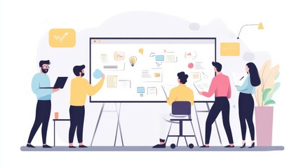 Business team brainstorming ideas on a whiteboard, working together creatively