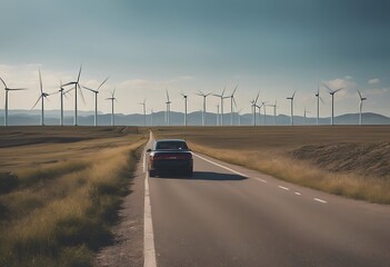 Fototapeta premium road electric landscape sustainable driving concept windmills development alternative energy drive nature travel fuel charger hybrid solar industry battery automobile recharge charge