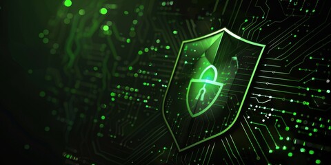A green cyber security shield icon glowing on a black background with digital data and network connection technology concept Generative AI
