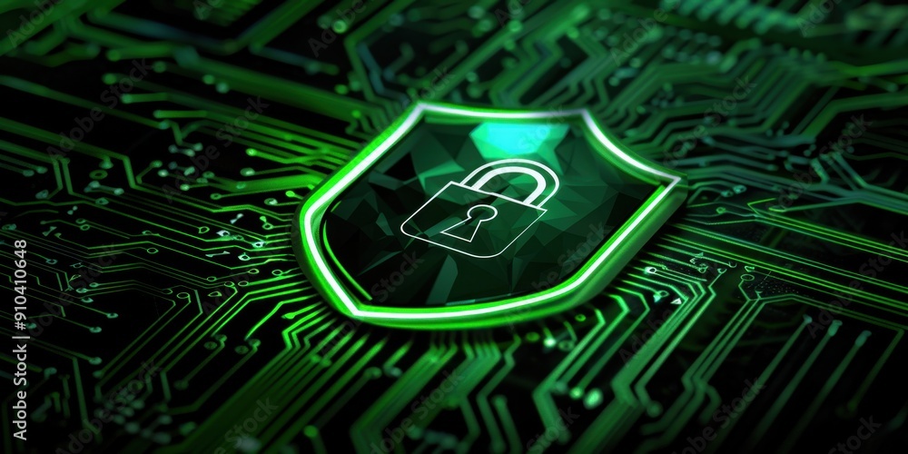 Poster a digital shield with a lock icon glowing in green on a black background, symbolizing security and p