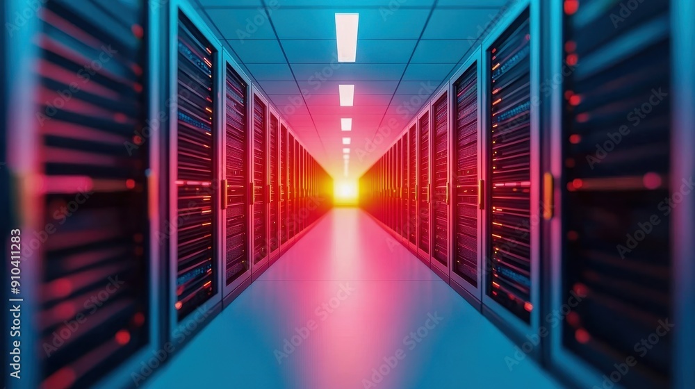 Poster a vivid view of a server room corridor illuminated by colorful lights, showcasing modern data storag