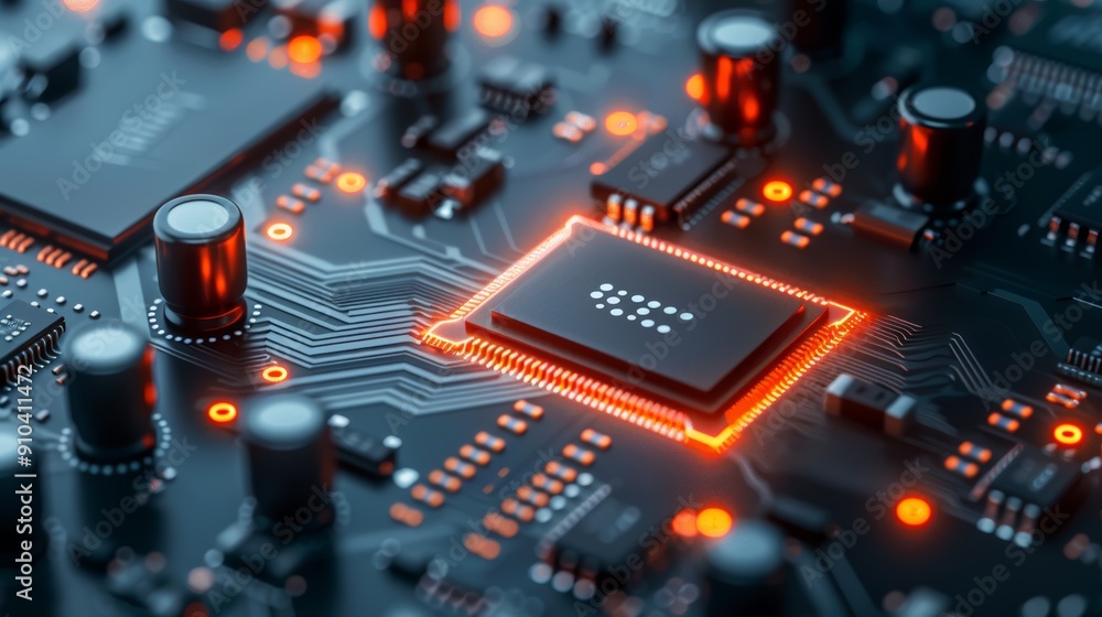 Poster close-up of illuminated microchip on circuit board