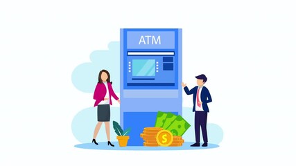 automatic withdrawal, atm machine, finance 2d video animation 4k clip