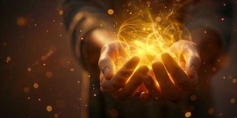 illustration of a person s hands holding a glowing lamp, with a radiant light emanating from it. The light casts a warm, golden hue on the hands and surrounding area. The