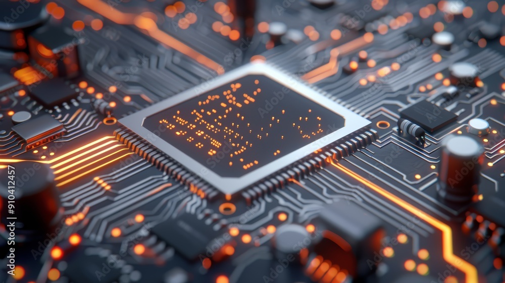 Poster close-up of glowing microchip on circuit board