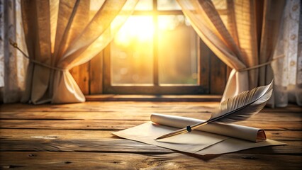Quill and Scroll on Wooden Desk by Sunlit Window