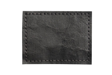 Black leather frame. Belt strap closeup isolated on white. Black stitched leather seam frame. Label...