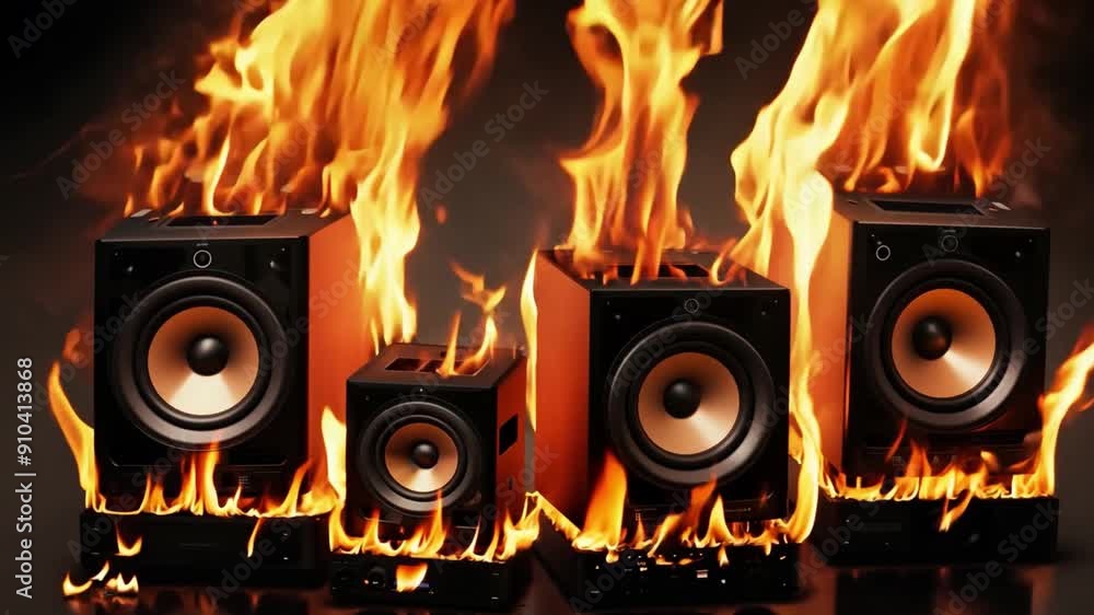 Poster four speakers engulfed in flames, creating a striking contrast against a dark background, highlighti