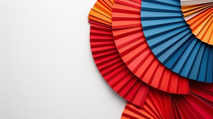 Colorful paper fans in red, blue, and orange arranged on a white background. Minimalist design with vibrant colors, perfect for party decor, festive photography, or background with copyspace.
