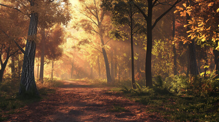 Fototapeta premium A forest with trees in the background and a path in the foreground