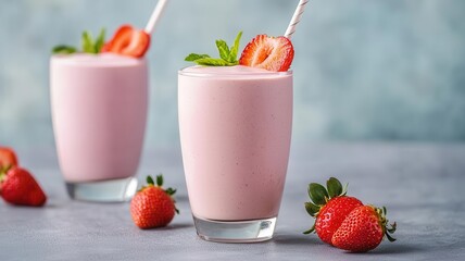 Soy milkshake with fresh strawberries and a paper straw, playful and refreshing beverage, in a retro diner setup