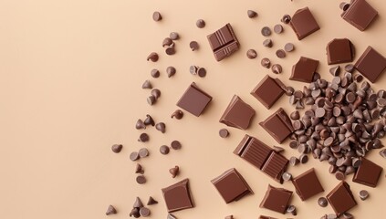 chocolate background with pieces of chocolate and chocolate chips on beige background of scattered milk or dark chocolate pieces and chocolates.Space for text or product presentation