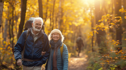 Fototapeta premium A couple of older people are walking in the woods