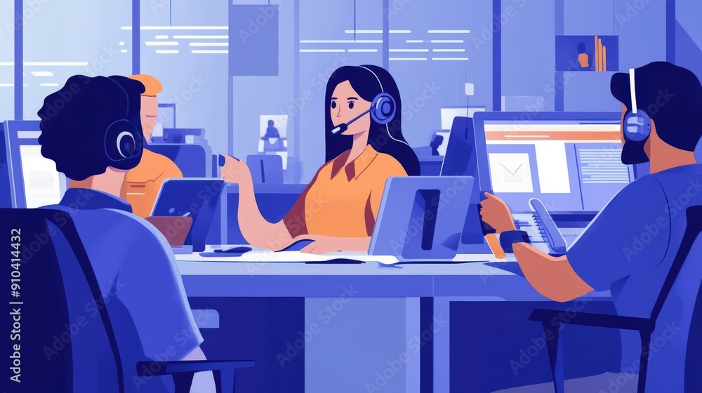Poster busy call center environment with agents handling calls and helping customers