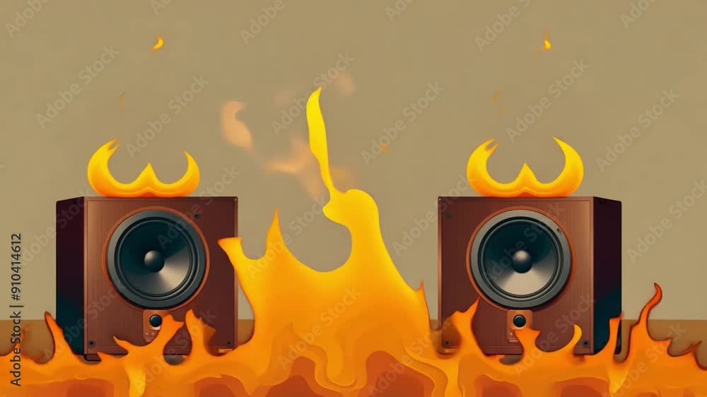 Poster two speakers with flames engulfing them, creating a dramatic visual effect that symbolizes energy an