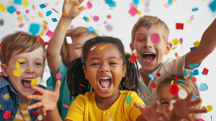 A group of children are throwing confetti and smiling