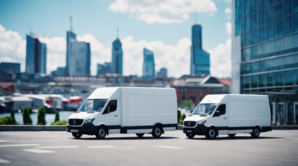 Two White Delivery Trucks Parked in a Parking Lot