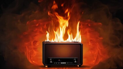 A toaster is engulfed in flames, creating a dangerous situation in a dimly lit environment. The bright fire contrasts sharply with the darkness around it.