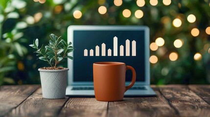 A cozy workspace featuring a laptop with a graph, a coffee mug, and a potted plant, perfect for productivity and inspiration.