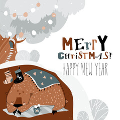 Cute cartoon bear sleeping in den in winter forest. Vector greeting card