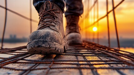 A close-up of a muddy work boot on a construction site at sunset, capturing the essence of hard work and perseverance.