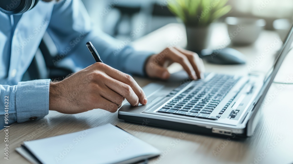 Poster call center agent typing on a keyboard with a headset and a notepad on the desk
