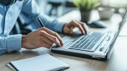 Fototapeta premium Call center agent typing on a keyboard with a headset and a notepad on the desk