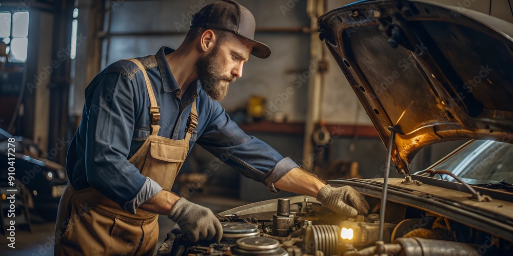 Wall mural auto service, car repair, man fixing a car in the garage, working on cars, mechanic repairing a car.