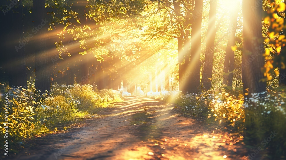 Poster sunlight filtering through trees along a serene forest path at dusk