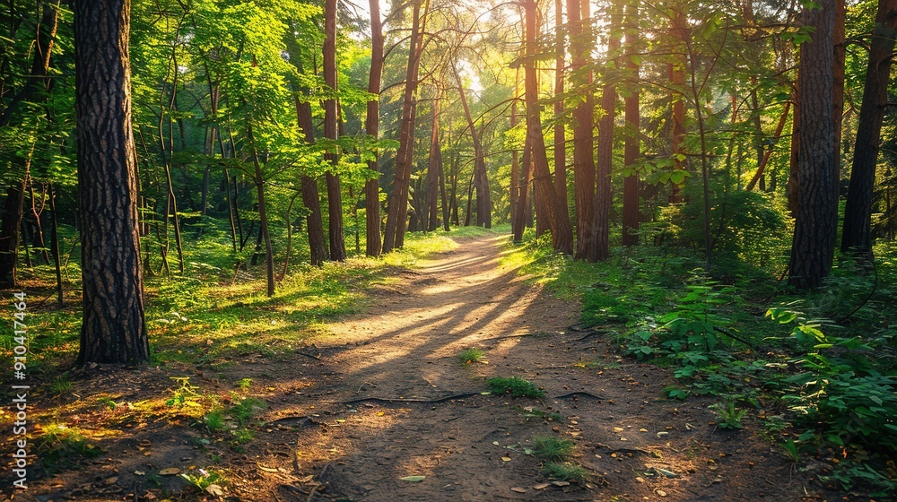 Poster sunlight filtering through trees along a serene forest path at dusk