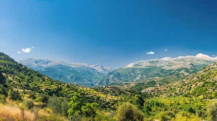 Fototapeta premium Panoramic View of Majestic Mountains and Lush Valleys Under Clear Blue Sky