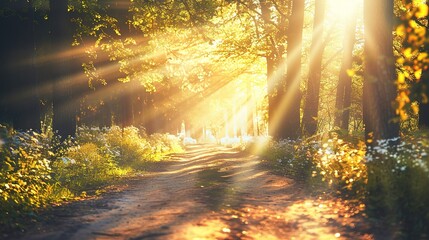 Obraz premium Sunlight Filtering Through Trees Along A Serene Forest Path At Dusk