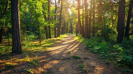 Obraz premium Sunlight Filtering Through Trees Along a Serene Forest Path at Dusk
