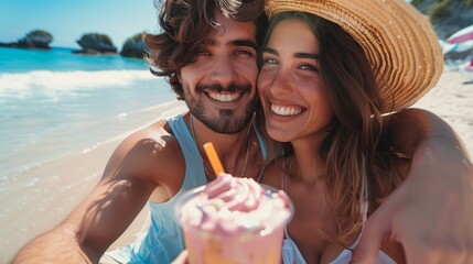 Romantic beach outing with a young couple and ice cream