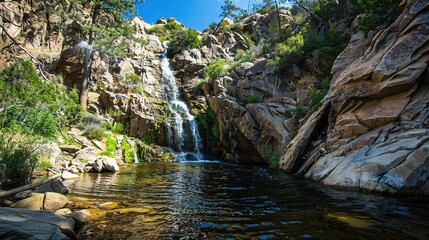 Majestic Waterfall Cascading Into Crystal Clear Pool Surrounded by Lush Forest in Midday Sun