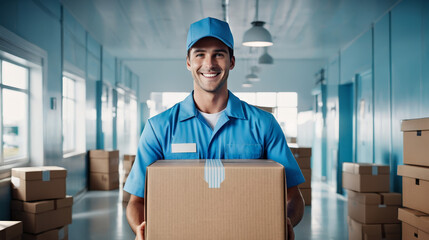 Man in Blue Uniform Holding Cardboard Box