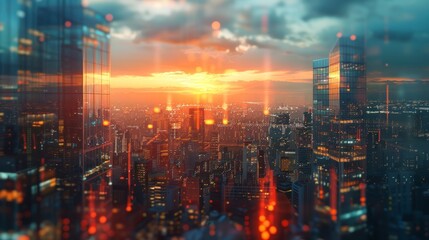 Fototapeta premium A city skyline with tall skyscrapers and a beautiful sunset reflecting off the glass buildings, creating a warm and picturesque atmosphere.