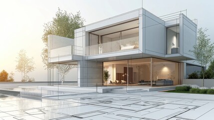 A modern house blueprint with detailed architectural plans and 3D renderings in a clean, minimalist setting, creating a precise and technical atmosphere.