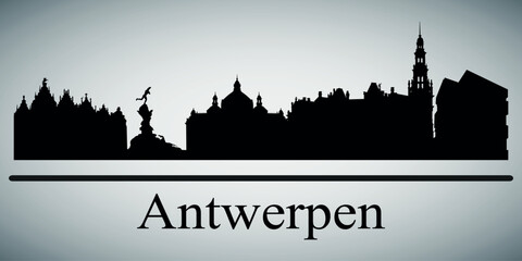 Naklejka premium The city skyline. Antwerpen. Silhouettes of buildings. Vector on a gray background
