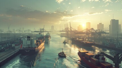 Fototapeta premium A busy seaport with cargo ships and modern skyscrapers in the background in an industrial setting, creating a lively and industrious atmosphere.