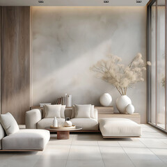 Aesthetic elegant minimalist japandi interior design. Clear mock up empty wall for decoration. Copy space. Neutral palette of natural colors.