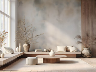 Aesthetic elegant minimalist japandi interior design. Clear mock up empty wall for decoration. Copy space. Neutral palette of natural colors.