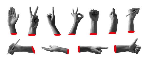 Trendy Collection of Hand Collage of different shapes on white background for posters, banners, advertising, social media, web. Vector illustration set hands cut from  photo. Modern digital elements. 